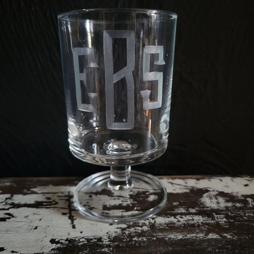 Vintage Stemmed Glass Monogrammed E.S.B. Clear Pedestal Glassware Made In France